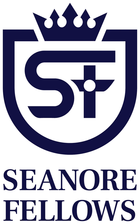 The finished signature crest: a shield holding the SF monogram under a crown, above the wordmark, in navy